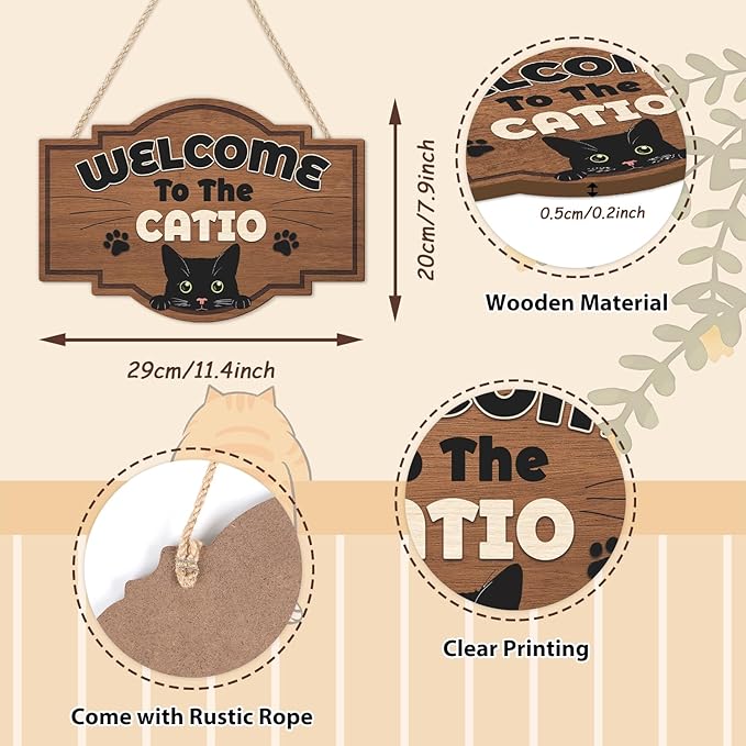 HLNIUC Welcome To The Catio Wood Sign(11”x8”) Funny Black Cats Wall Decor,Cute Black Cat Door Signs,Cats Home Porch Hanging Plaque,Animal Welcome People Tolerated Sign for cat Lover Front Door