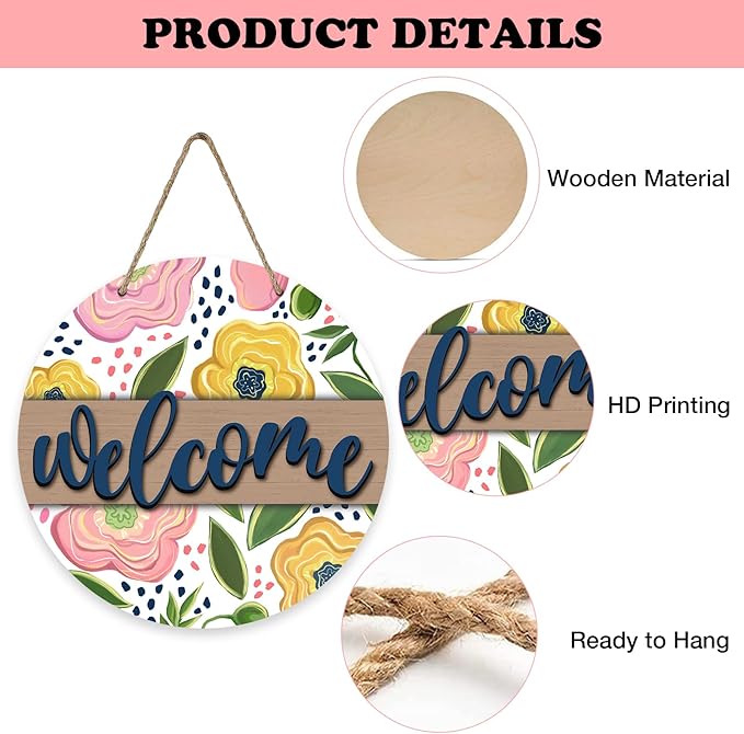 Welcome Spring Summer Flower Front Door Sign, Pink Yellow Floral Wood Door Hanger Outdoor Outside Porch Decor, Farmhouse Wooden Wreath Indoor Wall Hanging Decoration