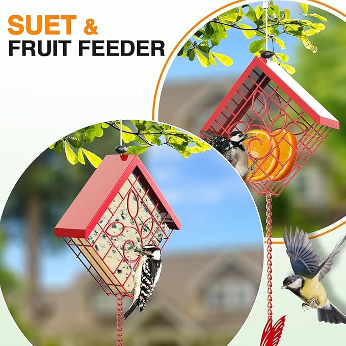 Suet Bird Feeder, Metal Suet Feeder for Outside Hanging, Single Suet Cake Capacity, Fruit and Suet Feeder Style for Outside Hanging(Red)