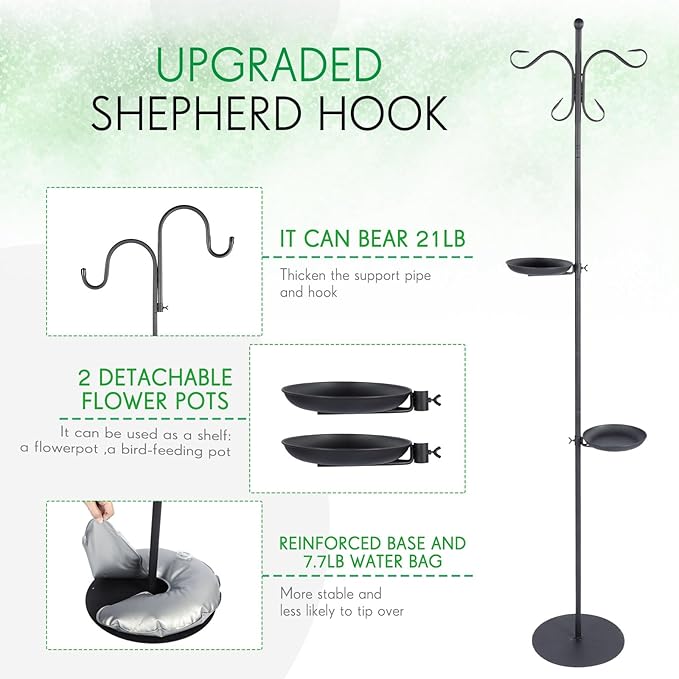 1 Set 75.9" Shepherd's Hook Stand for Bird Feeder, Hanging Plant, Wind Chime, Waterproof Metal & Adjustable Standing Pole Holder for Indoor Outdoor, with 2 Rack & Weight Bag (2 Hooks)