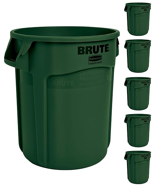 Rubbermaid Commercial Products BRUTE Heavy-Duty Round Trash/Garbage Can, 20-Gallon, Green, for Landscapers/Construction Sites/Restaurants/Back of House/Offices/Warehouses, Pack of 6