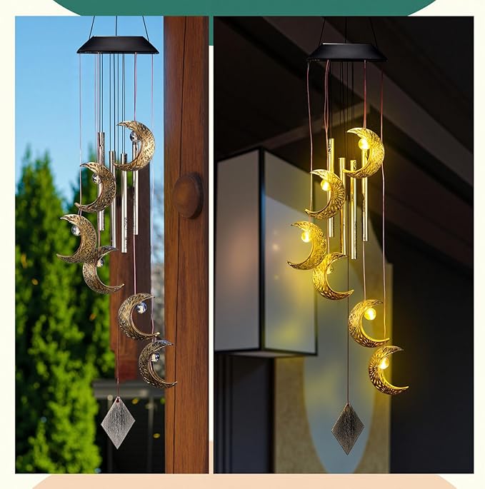 Solar Wind Chimes for Outside Waterproof Hanging Wind Chimes Lights Outdoor Decor Yard Garden Gifts for Mother Mom Grandma Wife Neighbors(Moon,Warm Colored Lights)
