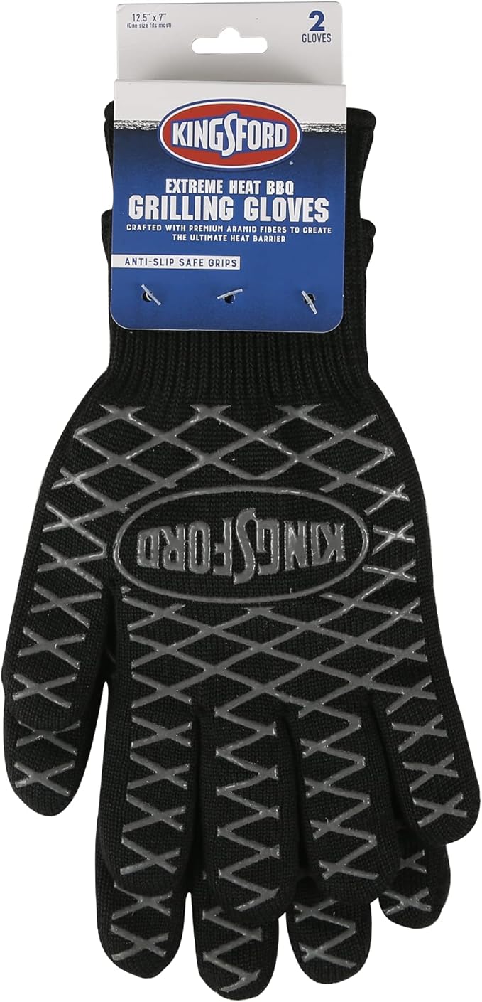 Kingsford Heat Resistant BBQ Grill Gloves, Aramid Fiber and Silicone Grip, Five Finger Gloves for Grilling, Baking, Frying, Smoker and Fire Pit Outdoor Use, One Size - 2 Count