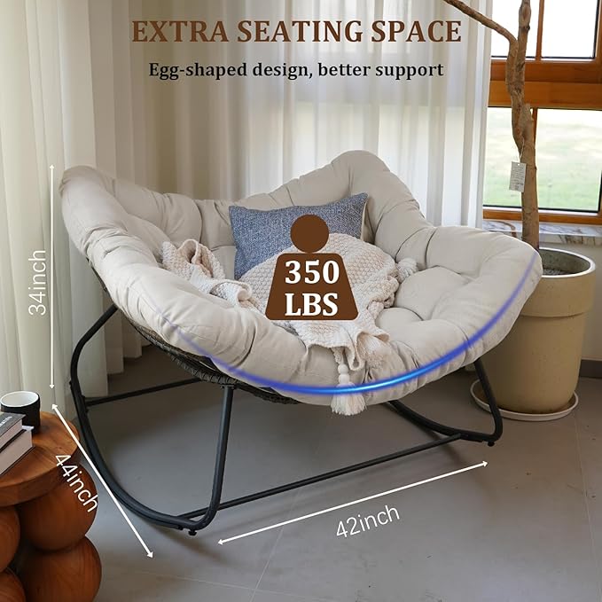 Rocking Papasan Chair, Oversized Outdoor Rocking Chair Rattan Rocking Chair with Deep Seat Thick Cushion, Patio Rocking Chair for Indoor/Porch/Garden (Beige & Black)