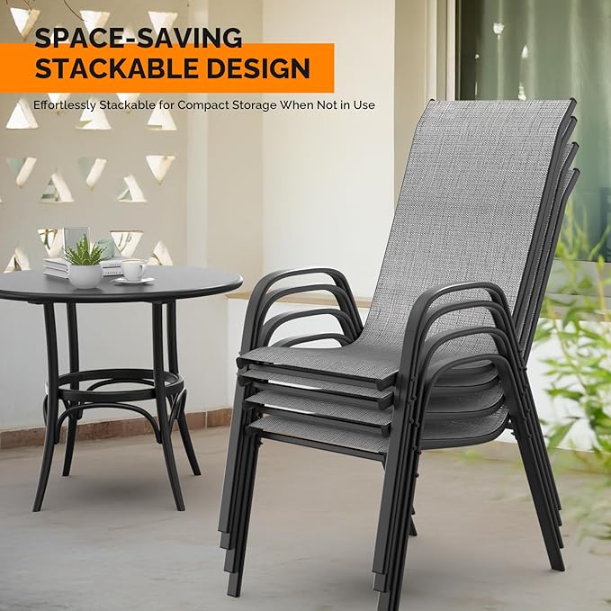 VINGLI Patio Chairs Set of 2 – Stackable Outdoor Dining Chairs with Comfortable Sling High Back Chairs and Armrests for Lawn, Poolside, Courtyard, Balcony, Garden, Silver Gray
