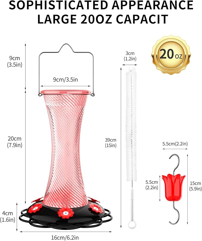 Hanging 20oz Glass Hummingbird Feeder with Moat, Small Outdoor Plastic Bird Feeder, Squirrel Proof, Ants, Outside Water Dispenser for Garden (Pink Glass Bird Feeder-2)
