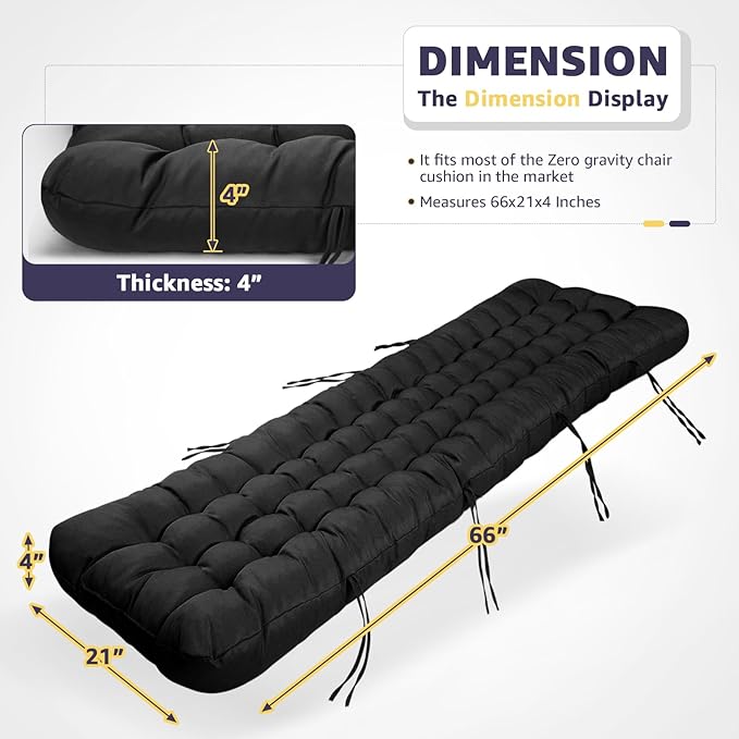 Patio Lounge Chair Cushion, Waterproof Zero Gravity Chair Cushions with Ties, 66x21x4 Inches Chaise Lounge Chair Cushion for Outdoor Indoor Furniture, Black (Only Cushion)