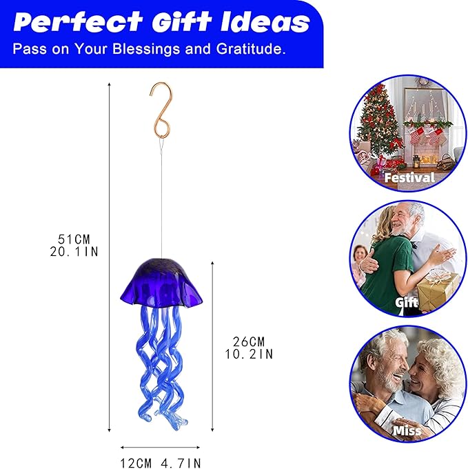 20Inch Art Blown Glass Jellyfish Wind Chime,Handmade Glass Jellyfish Hanging Sun Catcher Wind Chime,Wind Chimes for Outdoor,Animal Glass Blown Wind Chimes for Garden Yard Wedding Decor(Royal Blue)
