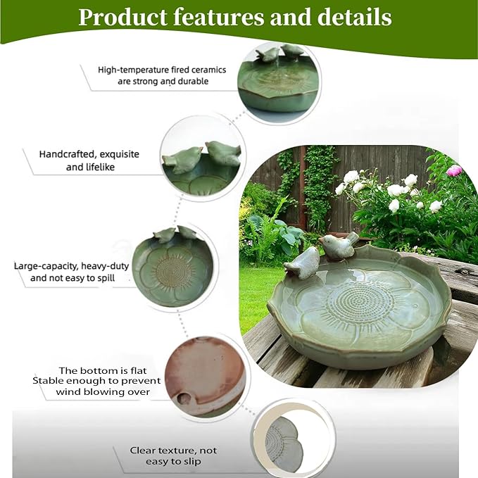 Ceramic Bird Bath for Outside, Resin Birdbath Bowl with Vintage Ornament,Ground Feeders Bird Bath Feeding Bowl for Outdoors, Garden Deck, Balcony,Yard, Lawn.