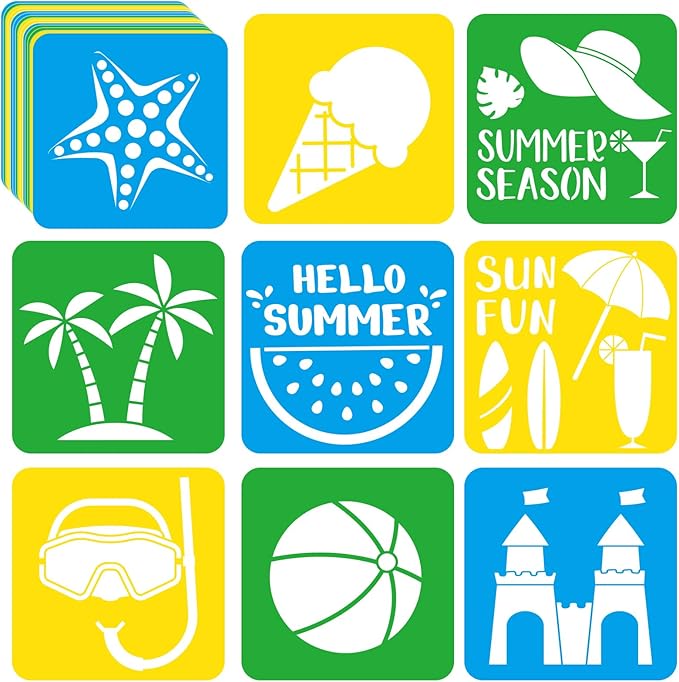36pcs Summer Beach Drawing Stencils for Kids 8 Inch Sidewalk Chalk Stencils Painting Large Washable Reusable Tropical Palm Tree Themed Primary Shape Template for Kids Toddlers Preschool