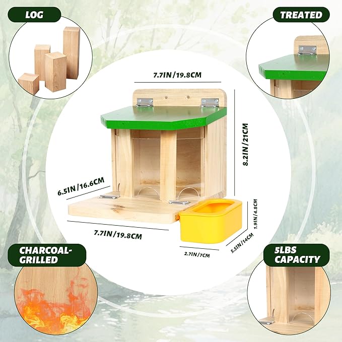 MIXXIDEA Wooden Squirrel Feeders for Outside with Water Bowl, Large Capacity, Sturdy Squirrel Feeder House with Thick Wood, No Assembly Required, for Backyard Outside Garden (Green)