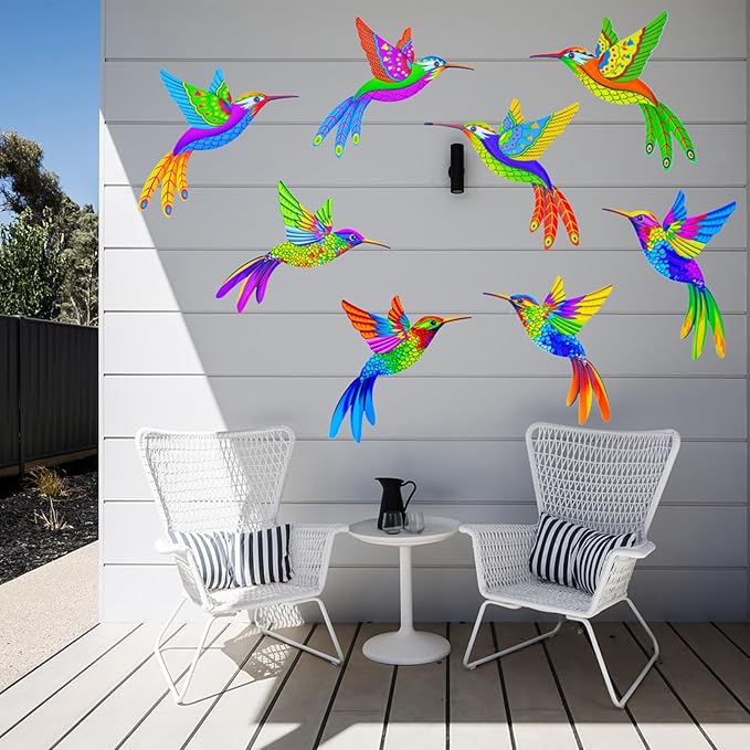 Outdoor Wall Art Metal Hummingbird 3D Wall Art for Outside Fence Decorations Outdoor Patio Decor- (Set of 8,Colore)