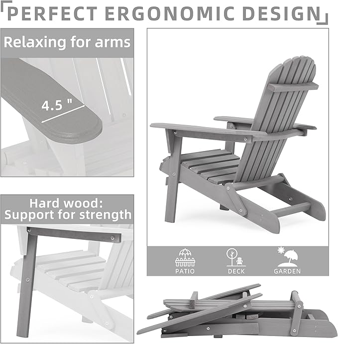 Outdoor Wooden Folding Adirondack Chair Set of 2 with Pre-Assembled BackRest, Wood Patio Chair for Garden Backyard Porch Pool Deck Firepit