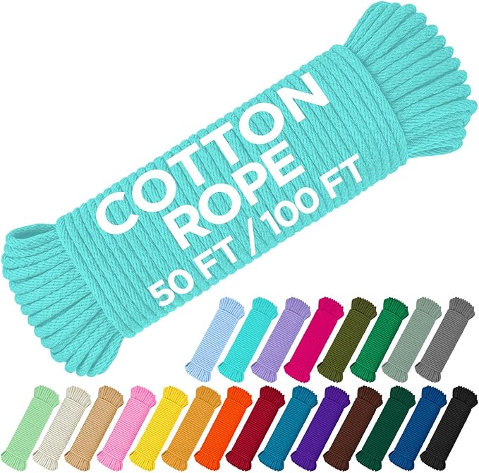 TECEUM Cotton Rope 3/16” (5 mm) – 50 FT – Strong All-Purpose Braided Rope – Natural Cotton – for Crafting, Сamping, Clothes Line, DIY, Indoor & Outdoor Use – Turqouise