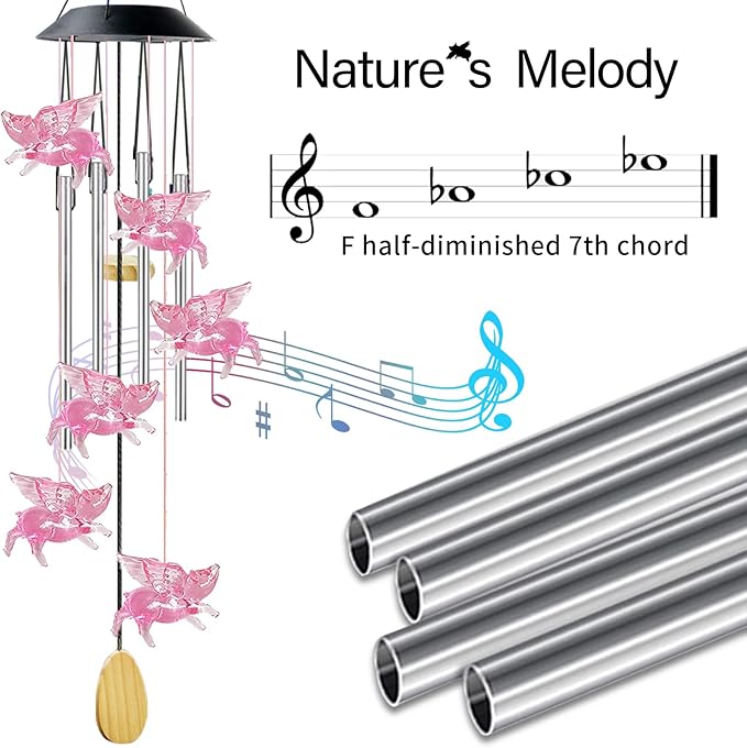 Pig Solar Wind Chimes with 4 Music Aluminum Tubes, 7 Colors Changing Outdoor Waterproof Flying Pig LED Wind Bell, Patio Garden Yard Decor(Gifts for Dad,Mom, Women, Gardening Gifts)