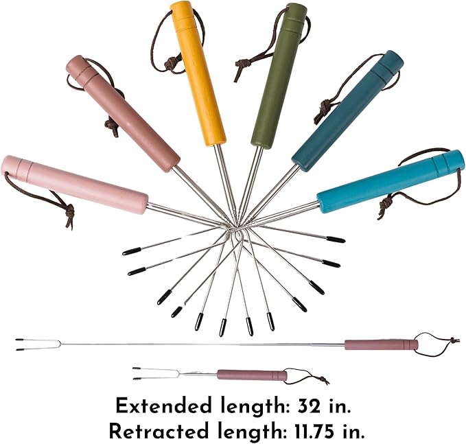 Smores Sticks | Set of 6 Marshmallow Roasting Sticks in Boho Colors | Extendable Stainless Steel w/Solid Wood Handles | Marshmallow Sticks for Fire Pit | Smore Sticks for Fire Pit