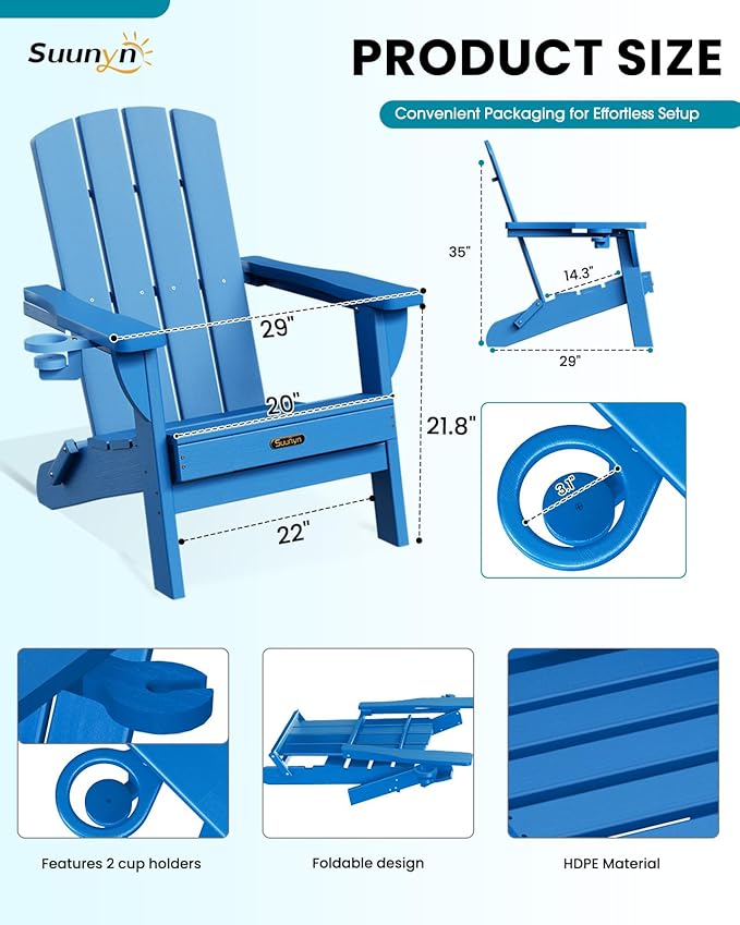 Folding Adirondack Chair 6 Pack, HDPE All-Weather Fire Pit Chairs, Plastic Adirondack Chairs with 2 Cup Holder, Outdoor Lawn Chair for Patio Garden (Royal Blue)