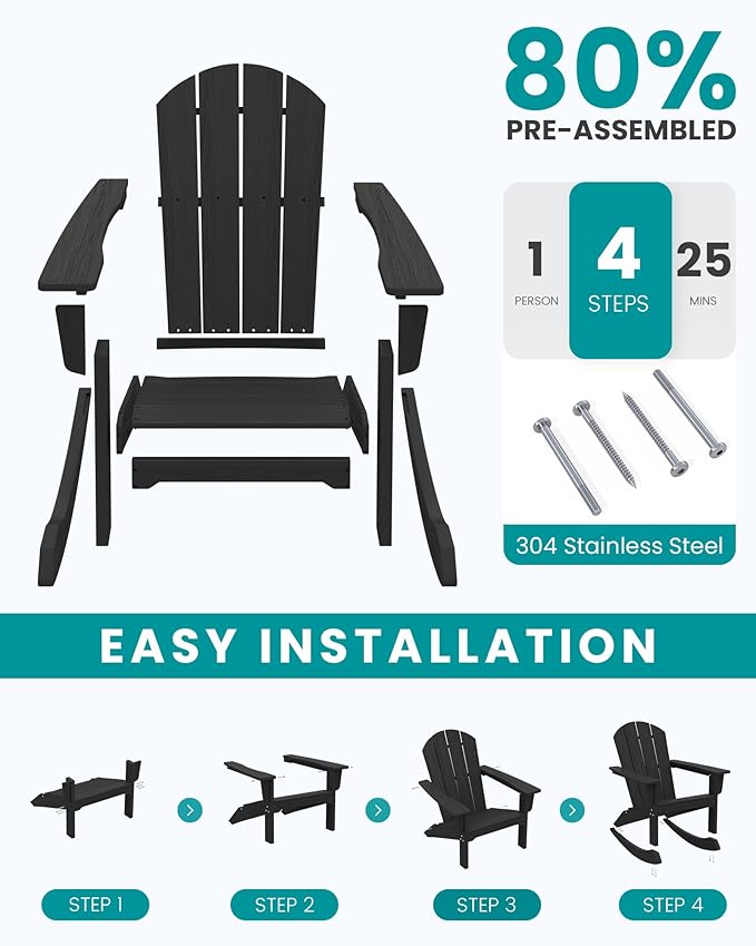 SERWALL Outdoor Adirondack Rocking Chairs Set of 2, All-Weather HDPE Adirondack Rocker Chair, Front Porch Rocker Chairs for Patio Lawn Porch Deck, Black