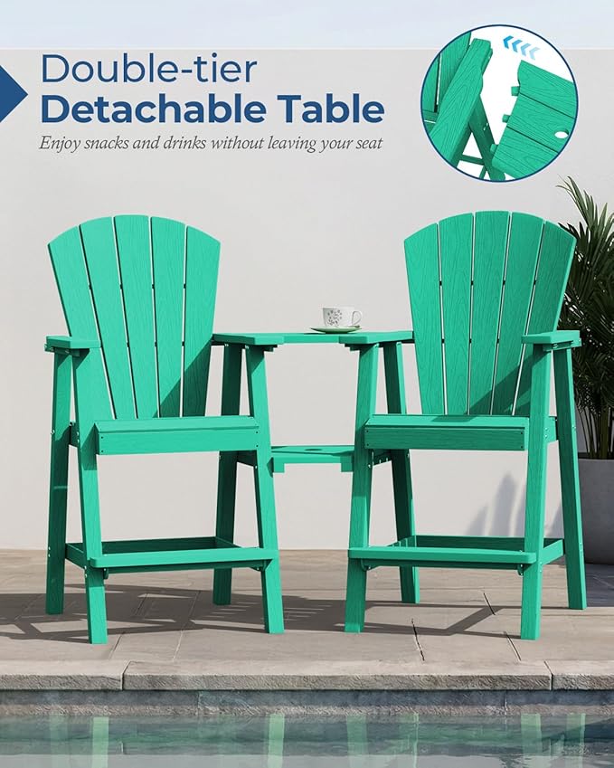 Ciokea Tall Adirondack Chairs Set of 4, HDPE Outdoor Adirondack Bar Stools with Double Connecting Tray, Weather Resistant High Back Adirondack Balcony Chairs for Deck, Lawn, Pool, Backyard, Lake Blue
