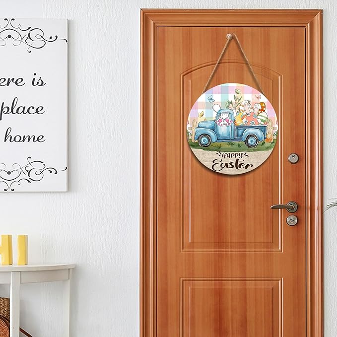 Happy Easter Blue Truck Door Sign For Front Door Decor,Bunny Rabbit Eggs Butterflies Wooden Sign 12"x 12" Round Colorful Plaid Check Hanging Door Sign Decoration for Wall Rustic Decor