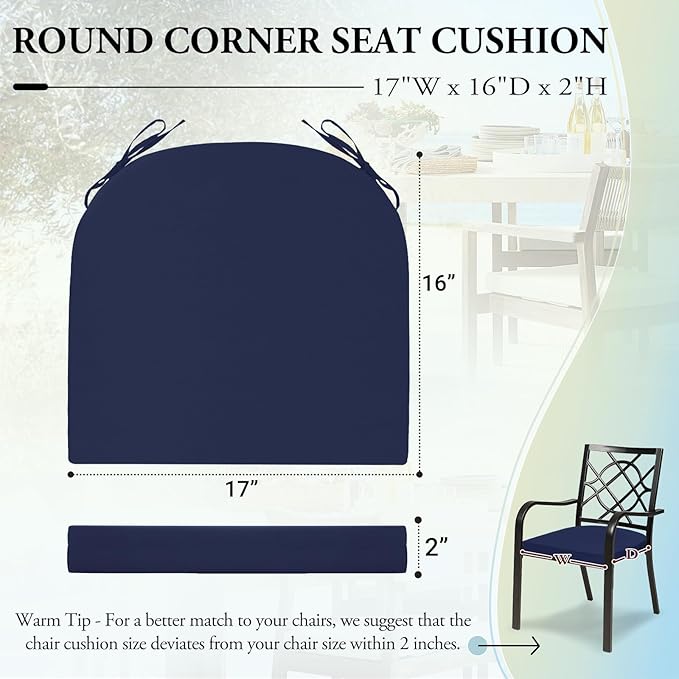 Wellsin Outdoor Chair Cushions for Patio Furniture - Patio Chair Cushions Set of 4 - Water Resistant Round Corner Outdoor Seat Cushions 17"X16"X2", Navy