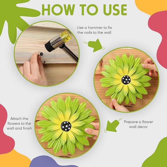 Zhehao 6 Pcs Metal Flower Wall Art Decor 8 Inch Sunflower Wall Decorations Hanging Outdoor Art Multicolored Handmade Metal Flowers Outdoor Decor(Vivid Color)