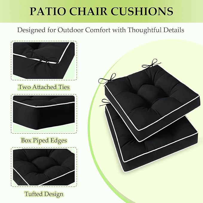 HARBOREST Outdoor Chair Cushions Set of 2, Tufted Patio Chair Cushions with Ties, Square Corner Outdoor Cushions for Patio Furniture, Lawn Chairs, Wicker Chairs, 19" x 19" x 5", Black