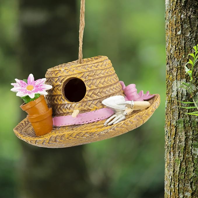 Yinns Birdhouse Hanging Bird Houses for Outside, Decorative Straw Hat Bird House Home Patio Garden Decor for Humming Bird, Bluebird, Wren Nesting