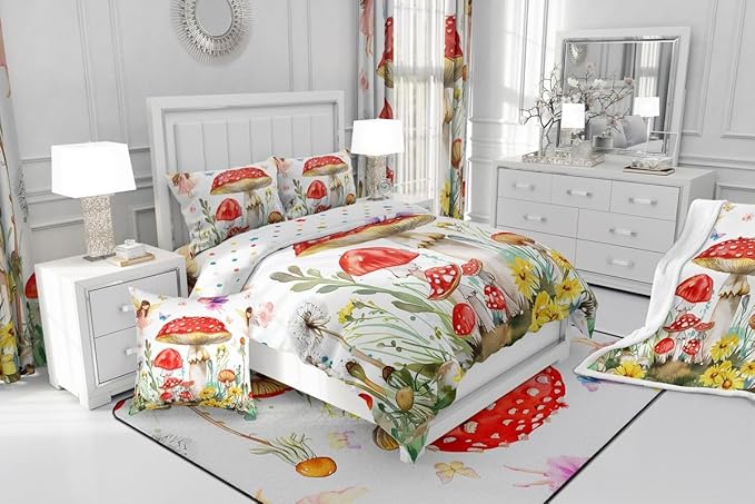 Erosebridal Fairy Garden King Bedding Set,Kawaii Mushroom Comforter Set for Kids Teen Girls,Cute Floral Butterfly Comforter,Dreamy Fairy Flower Bedroom Room Decor,2 Pillowcases All Season