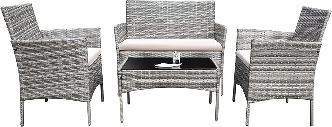 Homall 4 Pieces Outdoor Patio Furniture Sets Rattan Chair Wicker Set,Outdoor Indoor Use Backyard Porch Garden Poolside Balcony Furniture (Grey and Beige)