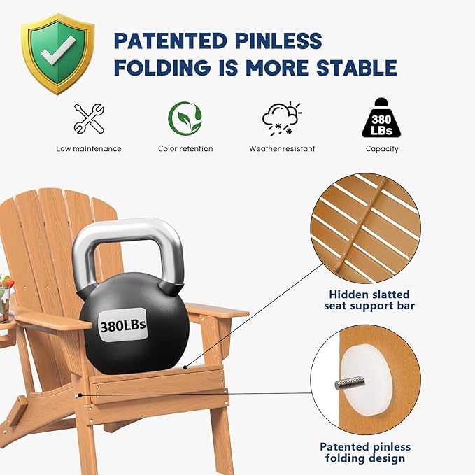 Plawdlik Folding Adirondack Chair, SGS Tested, Wooden Textured with Cup Holder, Heavy All-Weather HDPE Comfortable Set Poolside Backyard Lawn Teak Set 4