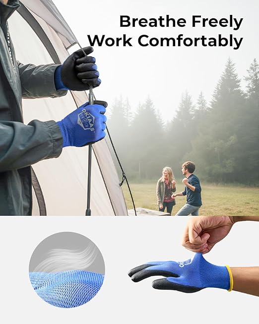 OKIAAS Work Gloves for Men，Ultra Thin and Lightweight Working Gloves with Grip, Bulk Case of 60 Pairs Construction Gloves with Polyurethane Coating, Safety Gloves for Light Duty Work (Black, Medium)