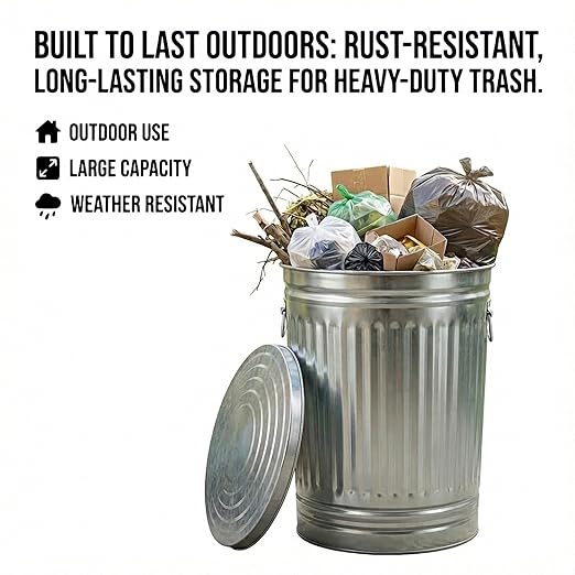 31 Gallon Metal Trash Can with Locking Lid, Galvanized Steel Outdoor Garbage Can for Dog Poop, Litter, Pet Food Storage, Rust & Weather Resistant, Heavy Duty Wire Bail Handle