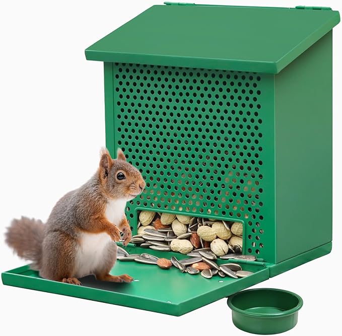 Squirrel Feeders for Outside，Squirrel Feeder with Foldable Metal Front Panel Perch Funny Metal Chipmunk House Hanging Boxes Easy to Refill (Green)