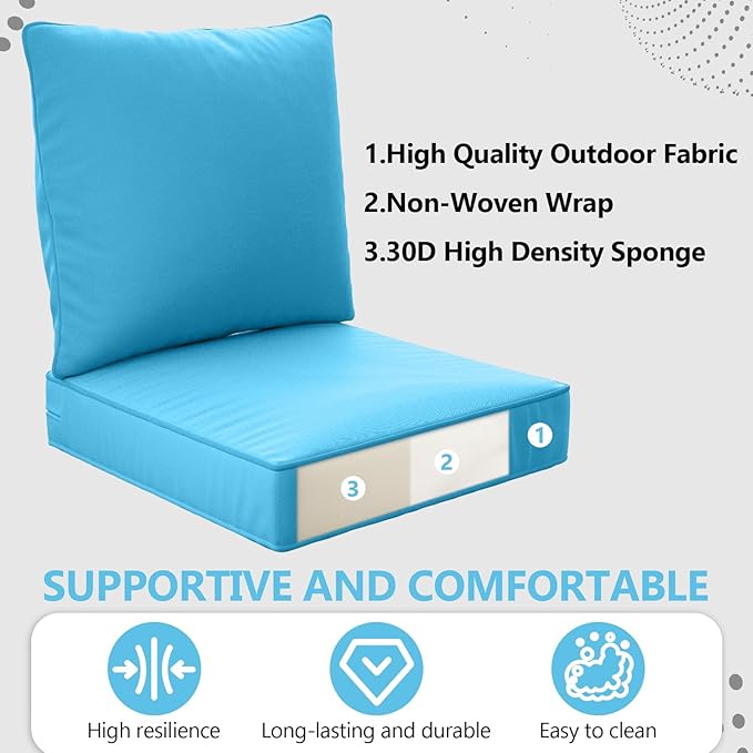 22" x 22" x 6" Outdoor Deep Seat Cushions Set - 2 Set Waterproof & Fade Resistant Patio Furniture Replacement Cushions, Non-Slip Outdoor Cushions Fit Loveseats, Couches, Chairs, Sofas.