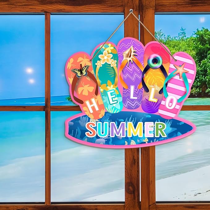 Summer Decor Welcome Door Sign Slippers Hanging Sign Summer Wall Decor Welcome Hello Flip Flop Door Sign Hello Summer Dopamine Decor Rustic Wood Hanging Plaque Yard Garden Decoration with Rope