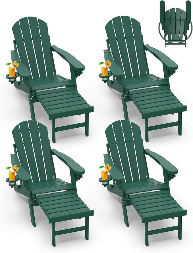 GREENVINES Adirondack-Chairs-with-Ottoman | Set of 4 | Folding | Retractable-Footrest | HDPE Plastic | All Weather Fire Pit Chair | Cup Holders | Forest | for Outdoor Poolside