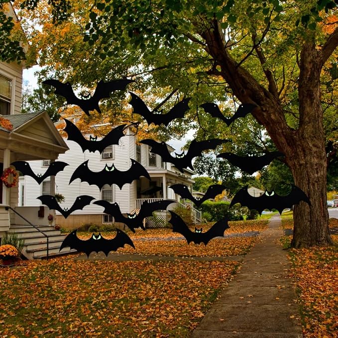 Hanging Bats Halloween Decorations Outdoor - 16 Pack Glowing Eyes Large Flying Bats 5 Different Size, Waterproof Plastic Realistic Black Bats Hanging in Tree Outside Halloween Decoration for Porch