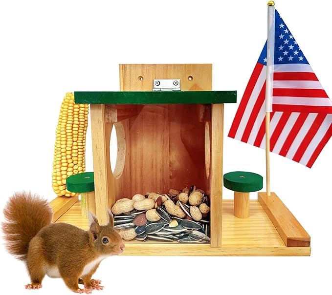 Squirrel Feeders for Outside, Wood Squirrel Picnic Table Feeder The Nut Bar with Corn Cob Holder, Wooden Squirrel Feeding Stations with Green Cover, Easy to Fill, Coated Waterproof