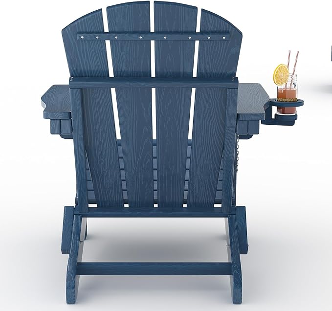 Folding Adirondack Chair Set of 4, All-Weather HDPE Outdoor Chair, Wooden Textured with Cup Holder for patios, Decks, Gardens, fire pits, Navy Blue
