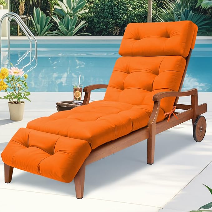 Waterproof Long Lounger Chair Cushion Outdoor Chaise Lounge Chair Cushionswith Ties, Patio Recliner Thickened Lounge Chair Cushions for Indoor 74.4 x 22 x 4.7 Inches,Cushion Only (Orange)