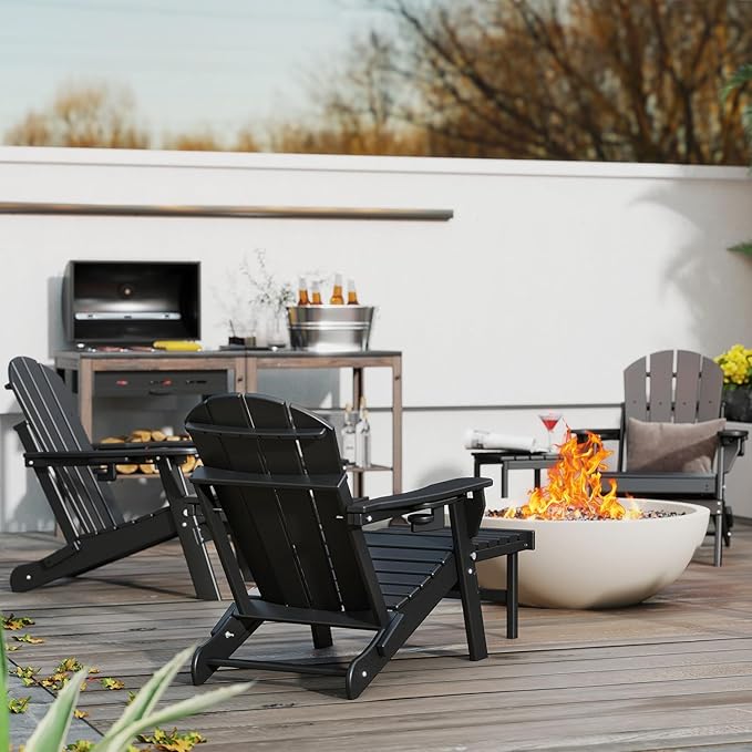 GREENVINES Adjustable Adirondack Chair with Retractable Ottoman Set of 2 | Folding | HDPE Plastic | Fire Pit Chairs w/Foot Rest | 2 Cup Holders | Black | for Outdoor Patio Poolside Deck