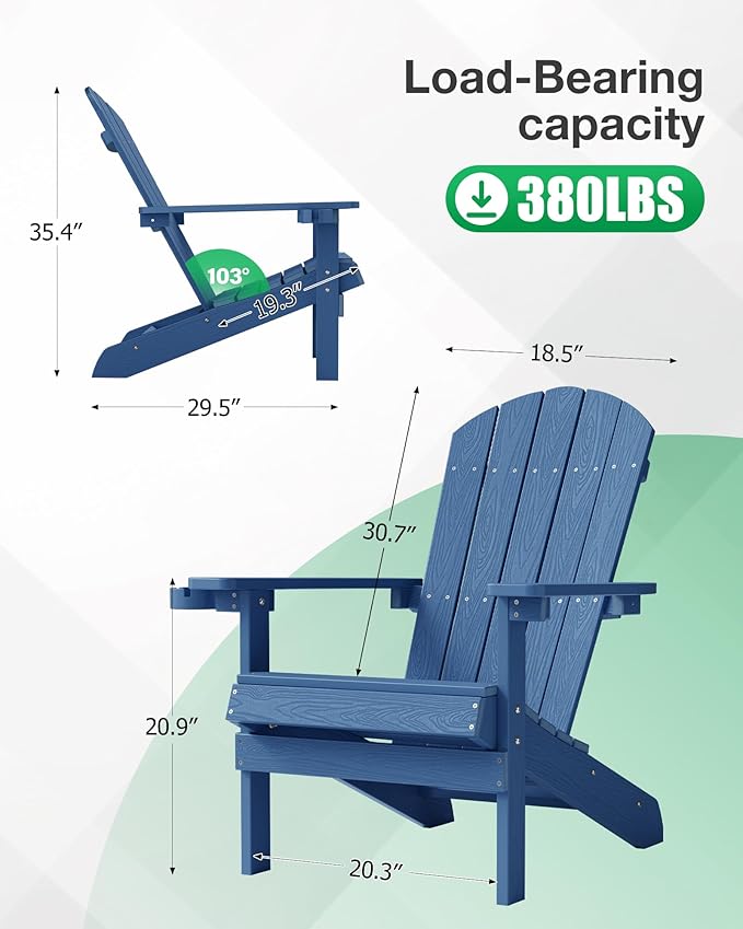 YEFU Adirondack Chair Weather Resistant: Outdoor Chair HIPS Plastic Adirondack Chairs - Patio Chairs with Wood Texture - Lawn Fire Pit Deck Porch Garden Chairs for Adults (Navy Blue)