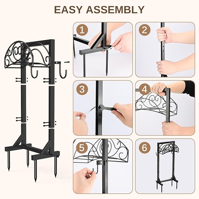 Freestanding Garden Hose Stand, Heavy Duty Water Hose Holder with Tool Hooks, 4 Anchoring Spikes, 150 ft Storage for Yard & Lawn