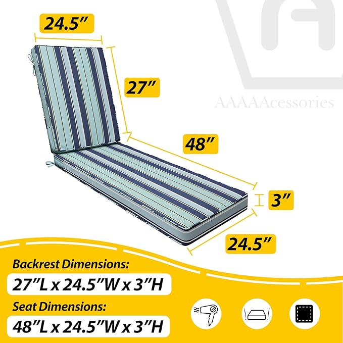 AAAAAcessories Outdoor Chaise Lounge Cushions, Fade-Resistant, Waterproof Patio Furniture Replacement Cushions, 75" x 24.5" x 3", Ash Teal Seaside Stripe
