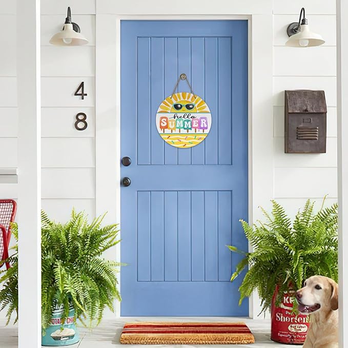 Hello Summer Sun Sunshine Front Door Sign, Popsicle Sunglasses Yellow Wood Door Hanger Outdoor Outside Porch Decor, Seasonal Wooden Wreath Indoor Wall Hanging Decoration