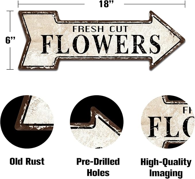 Mukuko Fresh Cut Flowers Metal Signs, Garden Flowers Gift Vintage Look Rustic Arrow Tin Sign Retro 6" x 18"