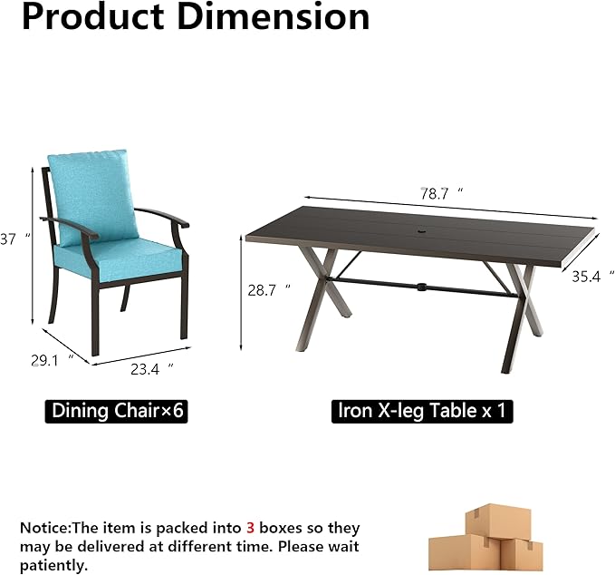 Kullavik 7 PCS Outdoor Dining Table Set for 6,Fence Pattern Back Chairs,Iron Longboard X-Leg Table w/Parasol Hole,Patio Furniture Set for Backyard,Garden,Poolside-Blue
