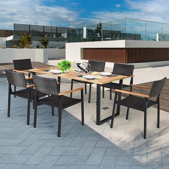 Tangkula 7 Pieces Outdoor Dining Set, Patented Patio Furniture Set w/Large Rectangle Acacia Wood Table Top, Rattan Chairs with Steel Frame, Umbrella Hole, for Backyard Garden