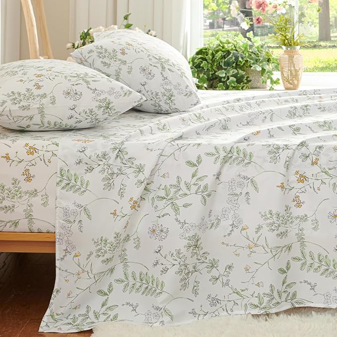 Botanical Bed Sheets Queen Size 4 Piece Sheet Set, Sage Green Floral Shabby Chic Leaves Pattern Printed Coquette Aesthetic Bedding, Deep Pocket, Soft Microfiber